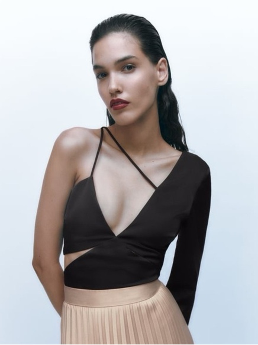 Zara Black Asymmetric One-Sleeve Strappy Satin Top